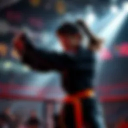 A female fighter performing a unique technique with an impressive breathing style during a competition, captivating the audience with her skill and grace.