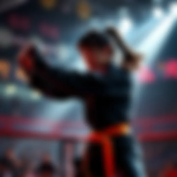 Fighter in Action A female fighter performing a unique technique with an impressive breathing style during a competition, captivating the audience with her skill and grace.
