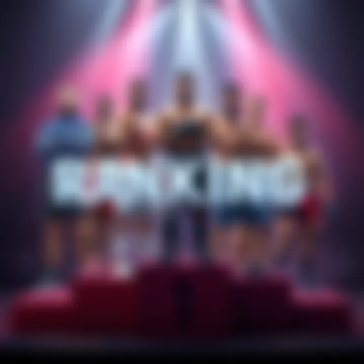 A group of fighters standing on a podium, showing their rank positions. Each fighter has distinct attire, representing their unique styles and backgrounds, while discussing their skills and achievements.