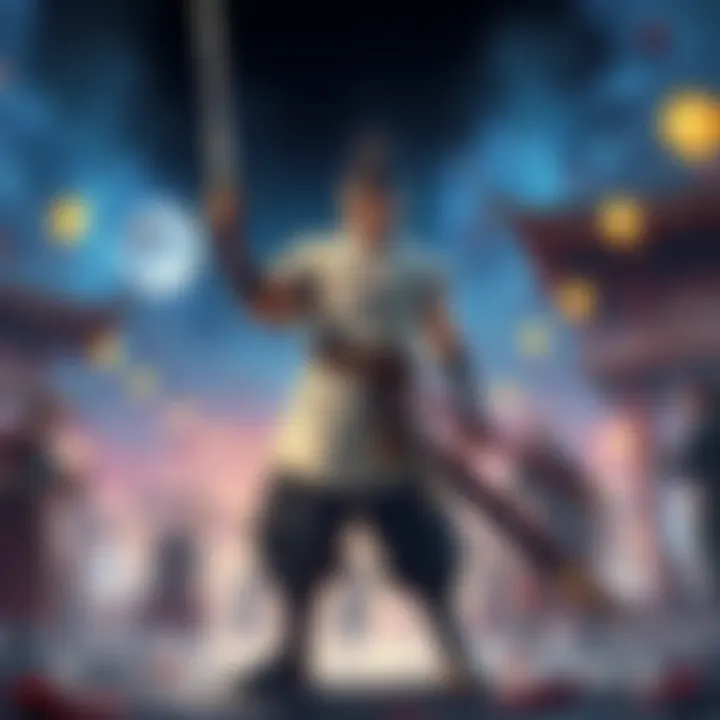 An unarmed fighter stands ready for battle in a vibrant game setting, highlighting the contrast with traditional swordsmen.