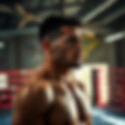 A fighter standing in a training gym, looking contemplative as they reflect on their past experiences and motivations.