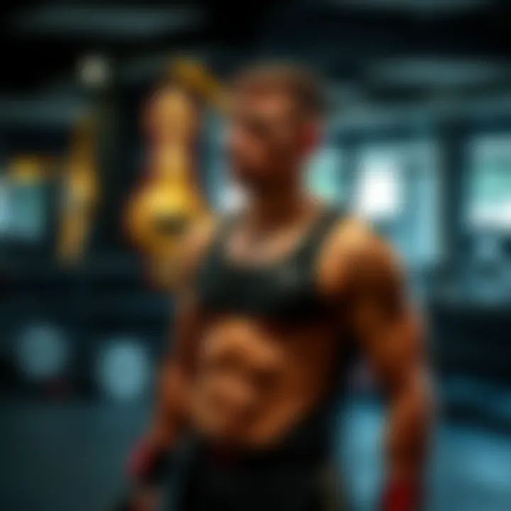 An elite fighter in training gear looks thoughtful while standing in a gym, showing disinterest towards a WSS title belt hanging on the wall.