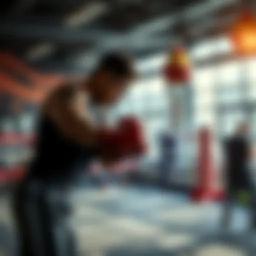A dedicated fighter practicing techniques in a gym, showcasing strength and focus