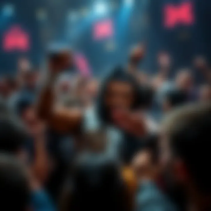 Fighter with Fans A fighter surrounded by loyal fans cheering at a public event, showcasing their support despite his flaws in the ring.