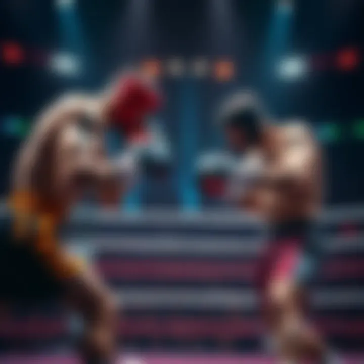 Two fighters engaging in a match, showcasing skill and strategy in an arena setting.