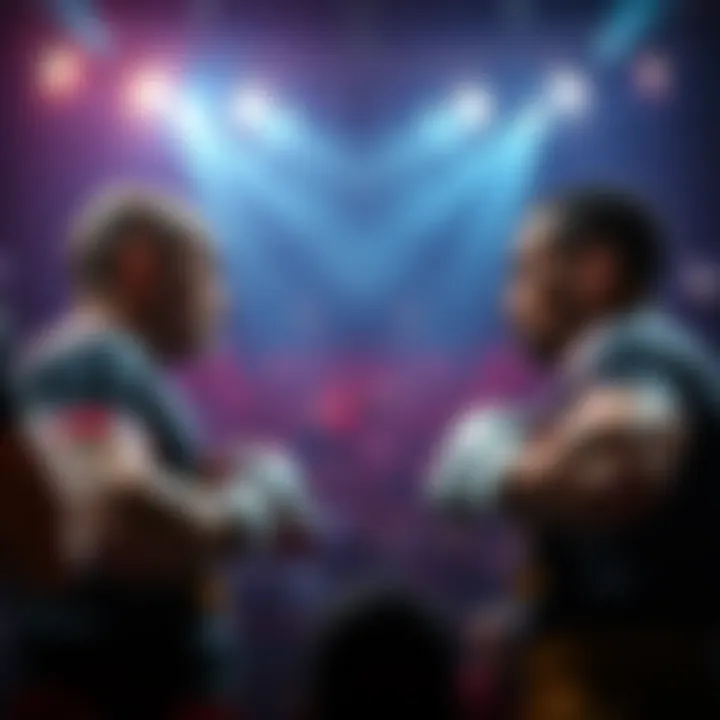 Two fighters face off in an arena, showcasing their readiness for the first round of a fighting event, with the crowd eagerly watching.