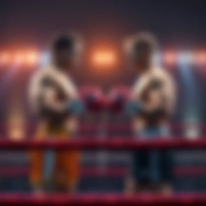 Two competitors stand in a fighting stance, ready to engage in a match inside a boxing ring.