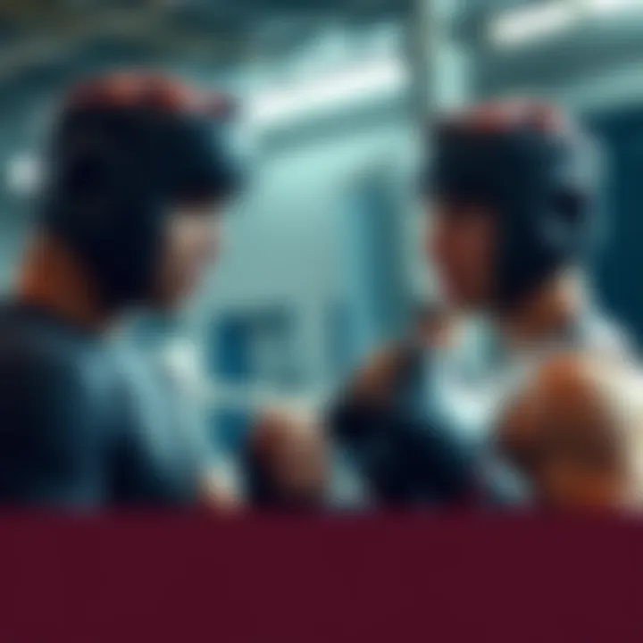 Two fighters in training gear warming up in a gym, focused and ready for their upcoming match.