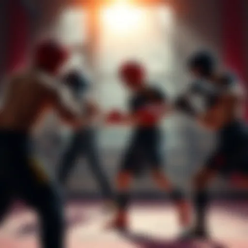A group of skilled fighters practicing in a gym, demonstrating their techniques and strategy while facing a powerful opponent