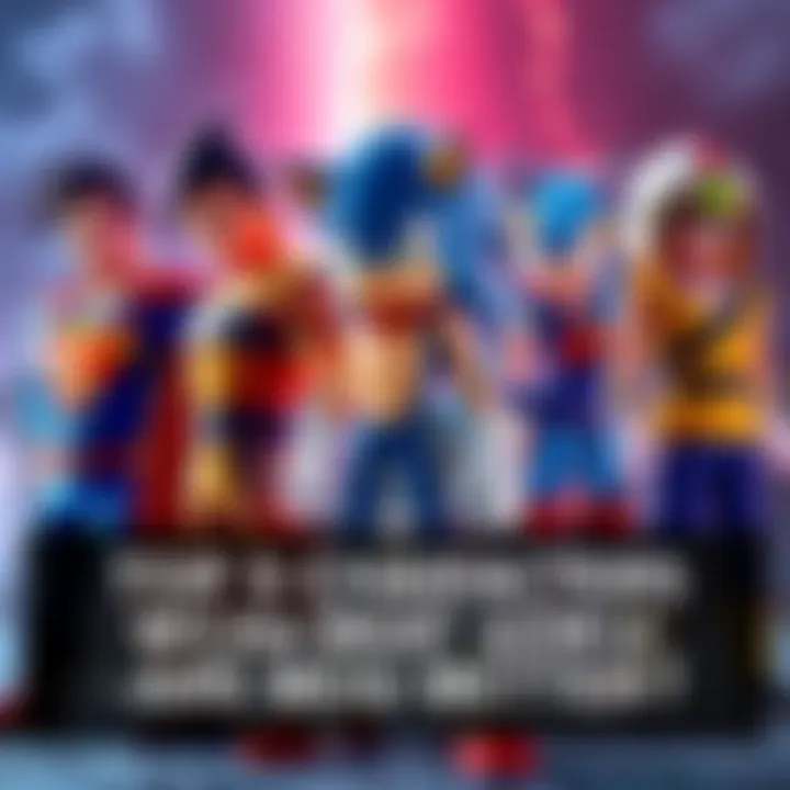 A lineup of powerful characters including Superman, Sonic the Hedgehog, Frieza, Sailor Moon, and Simon the Digger, ready for battle against Goku.
