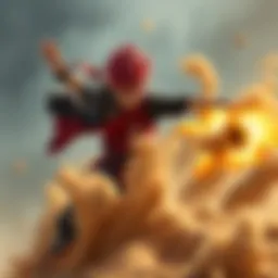 A character resembling Gaara throws sand at an opponent, creating chaos with sand flying everywhere around them.