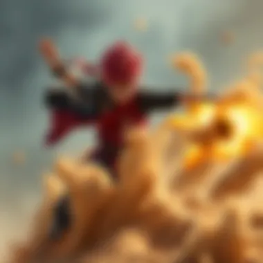 A character resembling Gaara throws sand at an opponent, creating chaos with sand flying everywhere around them.