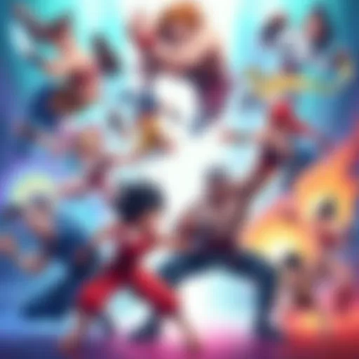 A vibrant illustration featuring diverse original characters in action poses, each showcasing unique fighting styles and special moves.