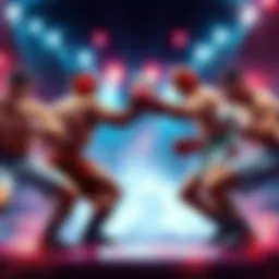 Fighting Styles Battle A vibrant scene showing four fighters representing Shoto, Rushdown, Zoner, and Grappler styles in an intense competition.