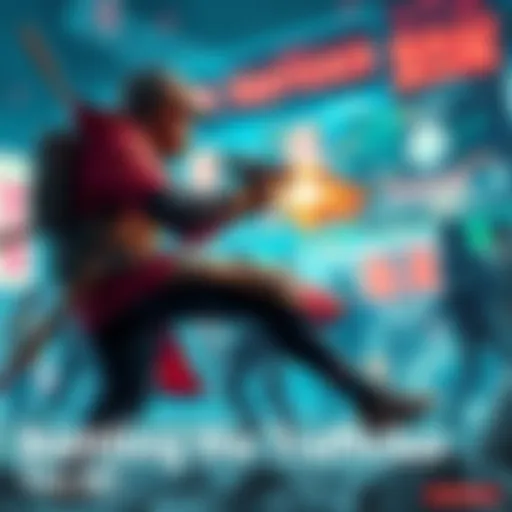 Fighting a Trafficker in a Game A gamer battles an overpowered character representing a trafficker in a vibrant gaming world filled with action.