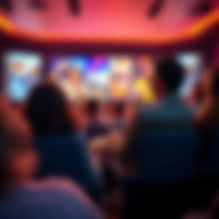 A diverse group of people enjoying a movie together, with a large screen displaying vibrant film scenes in a theater setting.