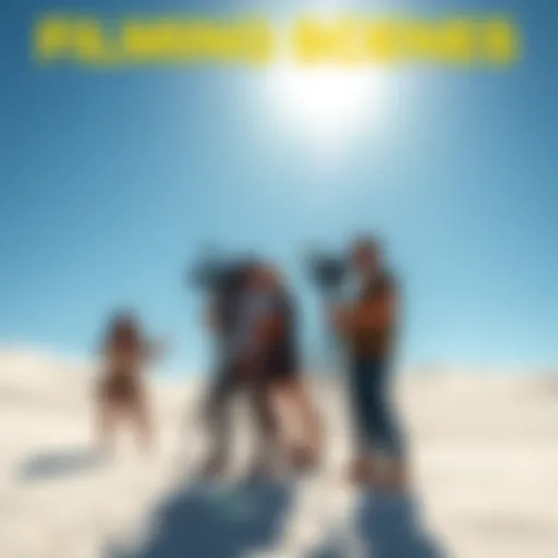 Crew filming desert scenes at the Atlantis white sand dunes with clear blue sky and sand dunes in the background