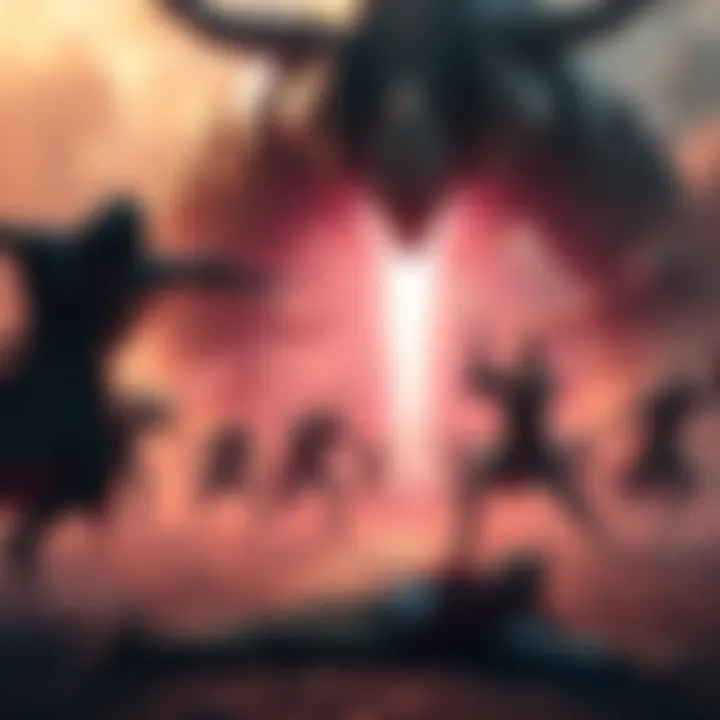 Epic battle scene with multiple characters fighting against a dark threat, showcasing tension and danger, with a focus on a dying character on the ground.