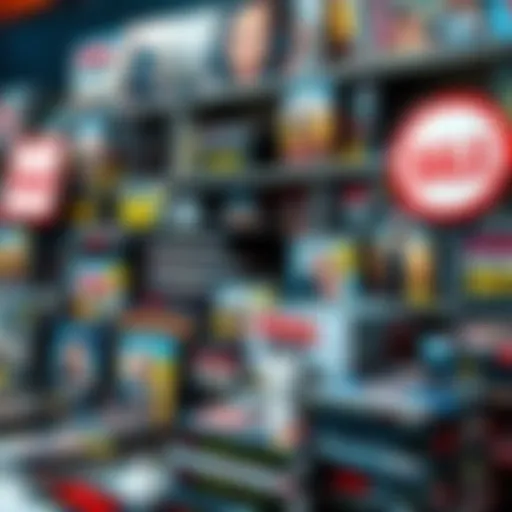 A collection of DVDs and movie series for sale with discount signs and bundles