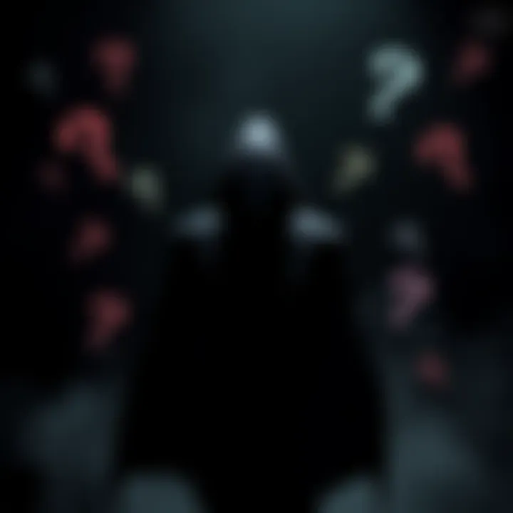 A shadowy figure standing in front of a dark background, hinting at the final villain's identity, surrounded by question marks.