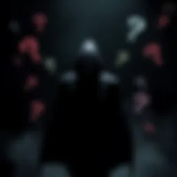 Final Villain Reveal A shadowy figure standing in front of a dark background, hinting at the final villain's identity, surrounded by question marks.