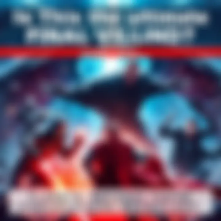 A dramatic scene featuring a powerful character facing off against heroes in an epic battle