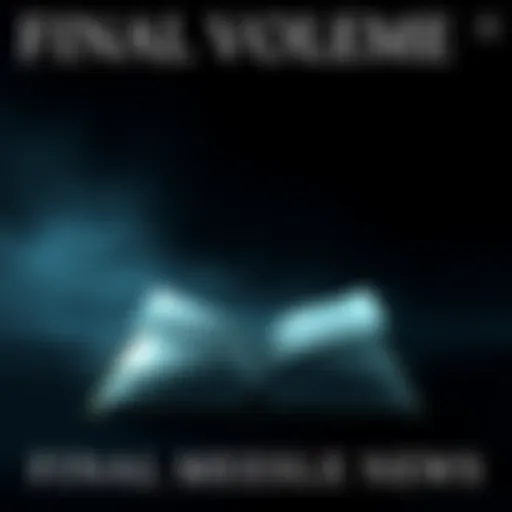 A book cover featuring a closed book with a faint silhouette of a character against a dark background, symbolizing the end of a series.
