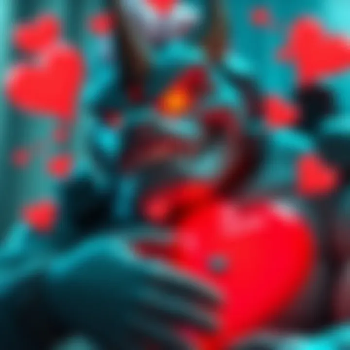 A final boss character depicted with a relaxed posture, surrounded by hearts, showing unexpected affection during a gaming scene.