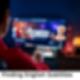 Finding English Subtitles A person browsing a website for English subtitles, with a TV screen displaying a popular show in the background.