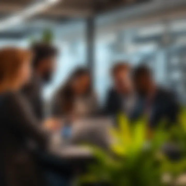 A diverse group of professionals collaborating in an office setting, brainstorming ideas on hiring practices.