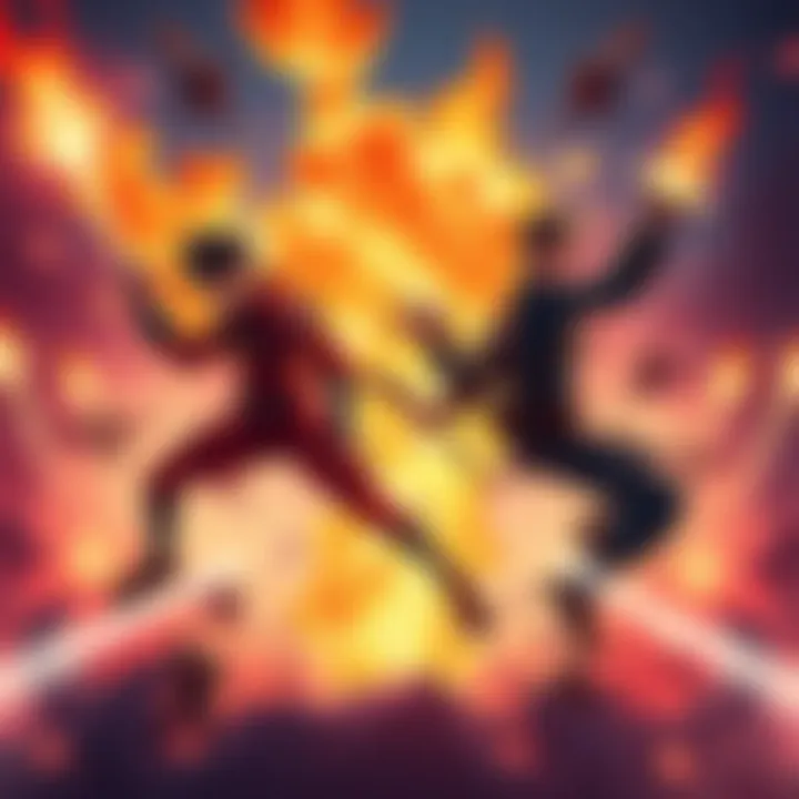 Dynamic characters from Fire Force battling flames and showcasing their powers in a vibrant scene