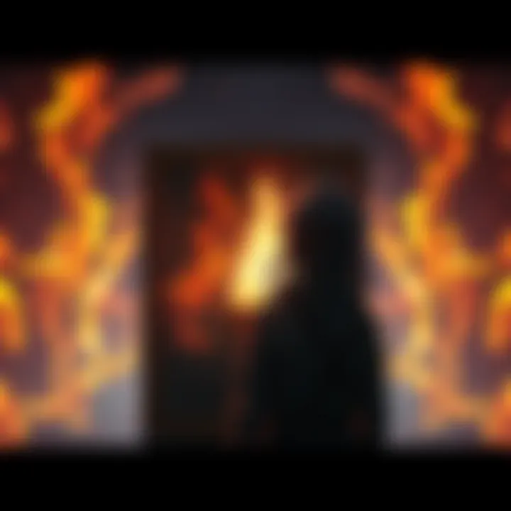 A character from Fire Starter stands before a mirror, symbolizing identity and change, with flames in the background.