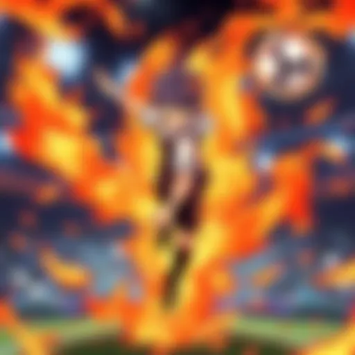 A character performing the Fire Tornado DD technique in Inazuma Eleven GO, surrounded by flames and soccer elements.