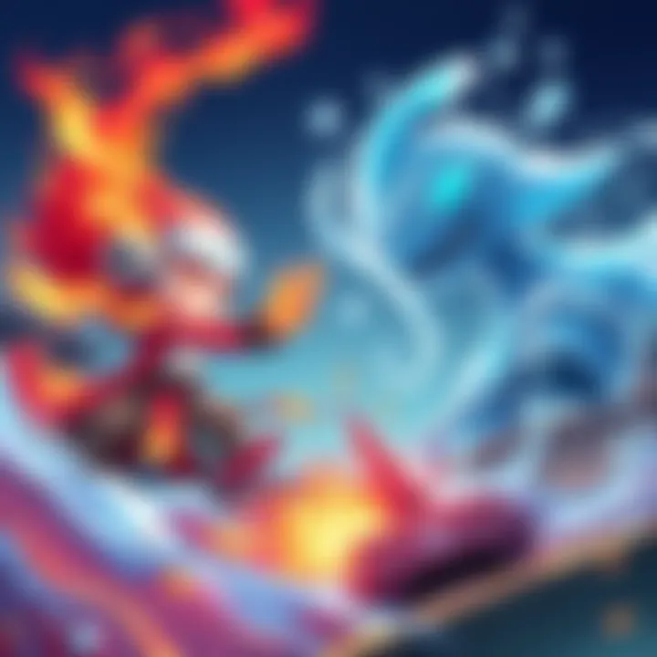 A vibrant illustration showing a fiery character from Enjin ready to battle a water type character, symbolizing the competition between fire and water elements.