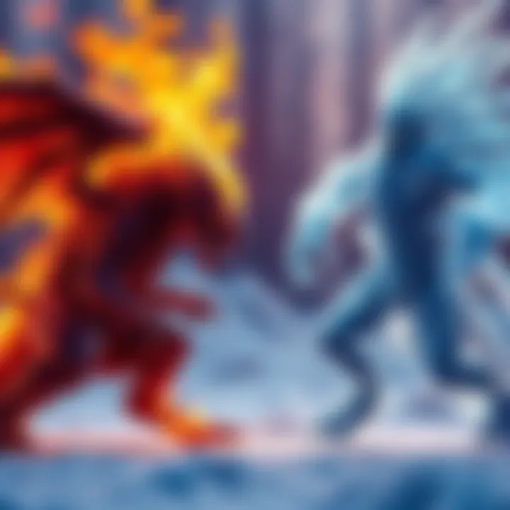 A scene showing a fire creature facing off against an ice creature, illustrating the dynamic between Fire and Ice types in gaming.