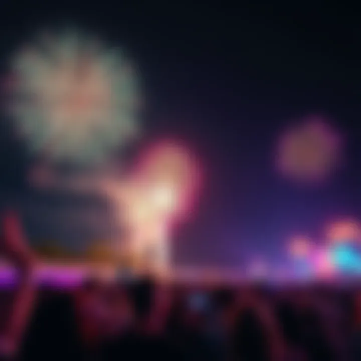 A colorful firework display lighting up the night sky at the Reze & Fireworks event with people enjoying the show.
