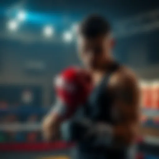 A boxer lacing up gloves in a gym, looking focused and ready to fight