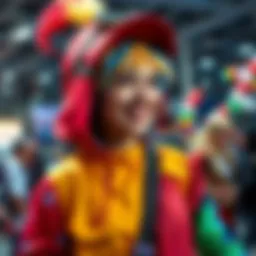 A person in a colorful costume, transformed into a famous character, smiling with excitement at a cosplay event.