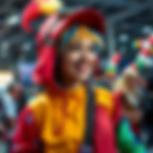 A person in a colorful costume, transformed into a famous character, smiling with excitement at a cosplay event.