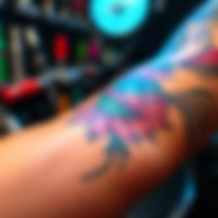 A close-up of a colorful, detailed tattoo on a person's arm, created by artist Allay at Wasabi Tattoos in Seattle, with tattoo equipment in the background.