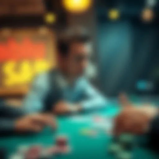 A nervous person sitting at a gambling table with a serious opponent, surrounded by chips and cards