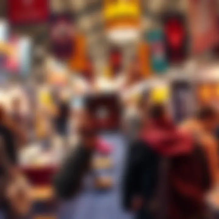 A person holding a unique collectible item at a vibrant convention, surrounded by colorful booths and banners
