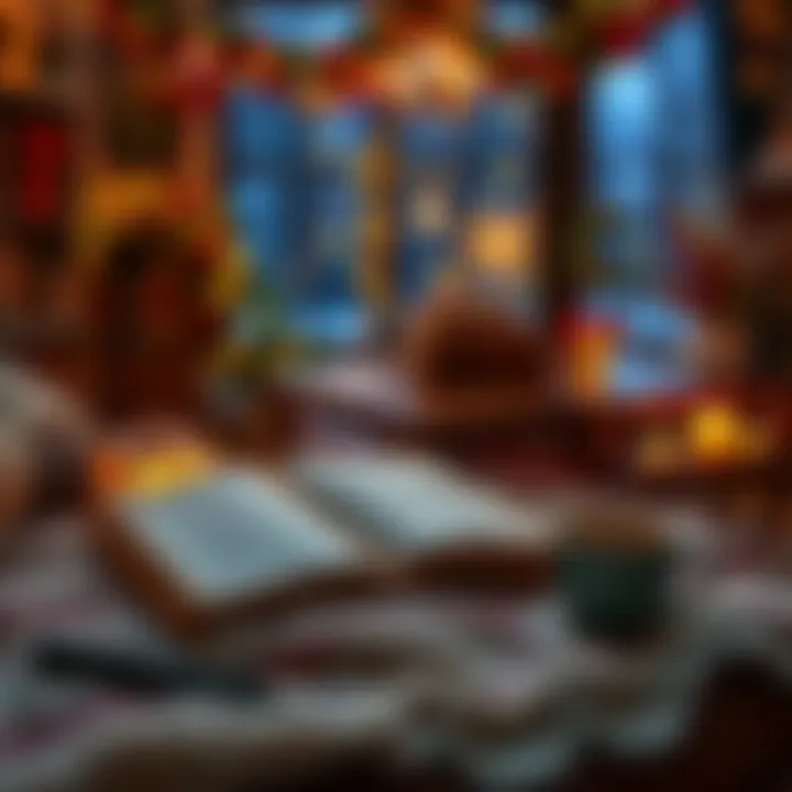 A cozy setting with a first edition book and a festive atmosphere for a 3-day weekend.