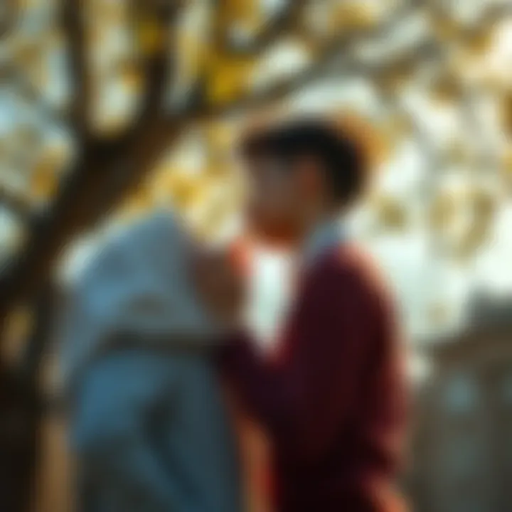 A young couple sharing a tender first kiss under a tree, surrounded by soft sunlight and a romantic atmosphere.