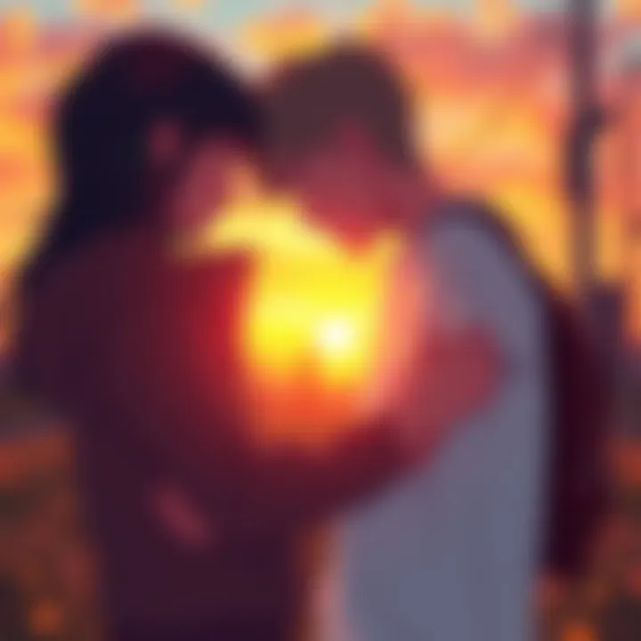 Two young characters sharing a heartfelt moment, showcasing the emotions of first love with a warm sunset background.
