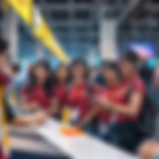 Group of first-time volunteers managing line control at an anime convention, wearing matching shirts and smiling while interacting with attendees