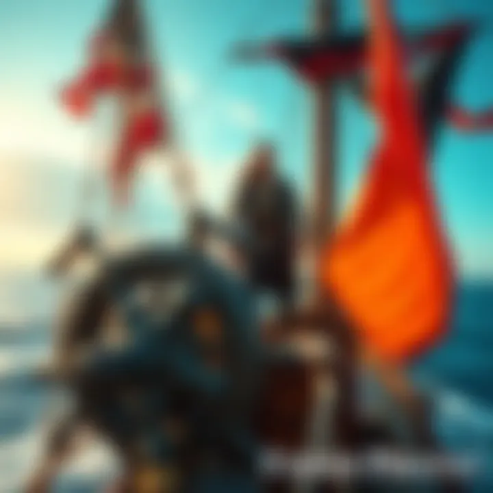 Fisher Tiger stands confidently at the helm of a ship, with the Sun Pirates gathered around him, as they face the turbulent waves of the New World ocean.