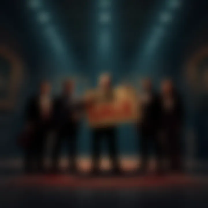 A group of five significant figures in a dimly lit room with a sign indicating a sale. People watch curiously from the background.