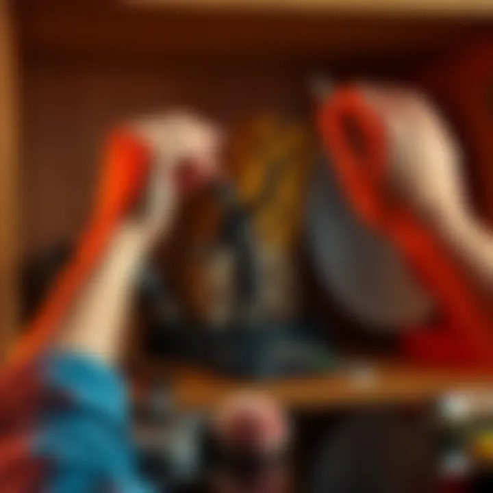 A person adjusting a tilted figurine on a shelf with tools nearby, ensuring it stands straight and stable.