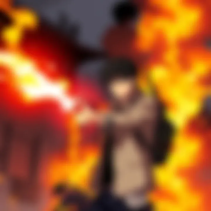 Anime character using a flamethrower in a dramatic fire-filled setting
